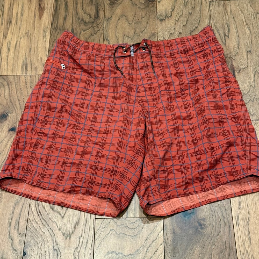 Patagonia Mens Board Shorts Size 38‎ Orange Blue Plaid Swim Trunks Zipper Pocket